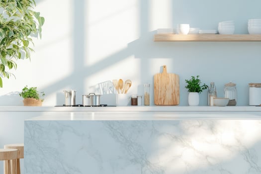 This contemporary kitchen offers a bright ambiance with a marble countertop and modern decor, complemented by green plants and innovative utensils, creating an inviting space for cooking photo