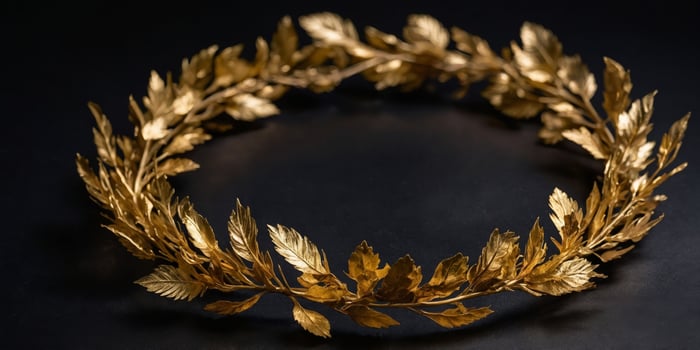 A gold leaf wreath is displayed on a black background. photo