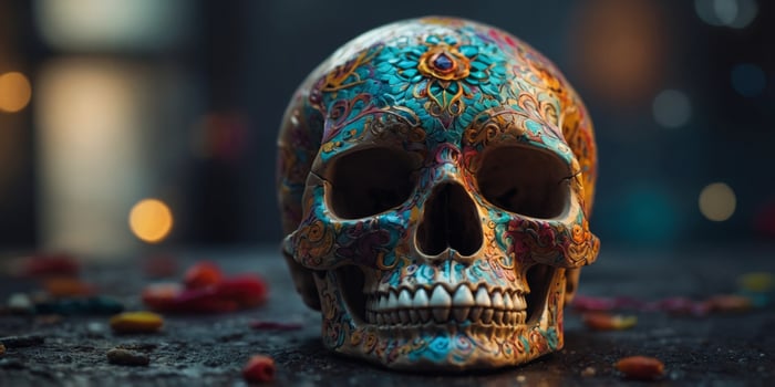 The skull is decorated with bright colors and intricate designs. photo