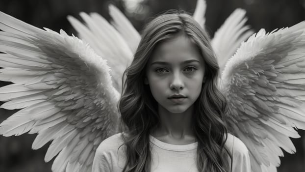 Young girl wearing angel wings posing in black and white. photo