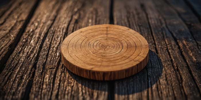 A wooden circle is shown on a wooden surface. photo