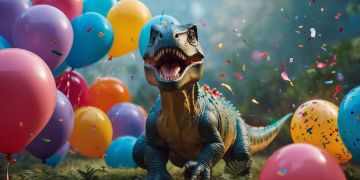 Colorful Dinosaur Party With Balloons And Confetti. photo