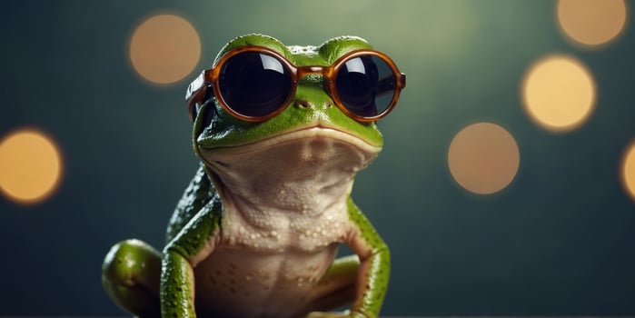 Charming little frog wearing stylish glasses in front of a professional studio background. photo