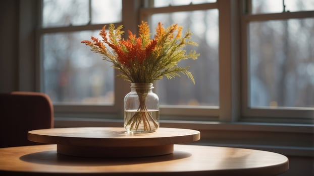 A round wooden table sits in front of a window. photo