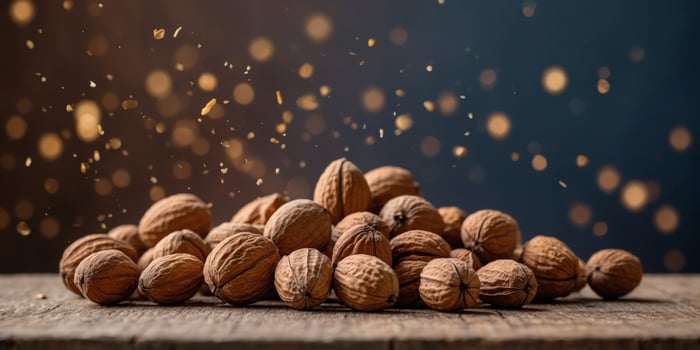 A bunch of nuts are scattered on a wooden table. photo