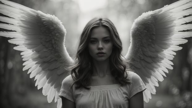 Young girl wearing angel wings posing in black and white. photo