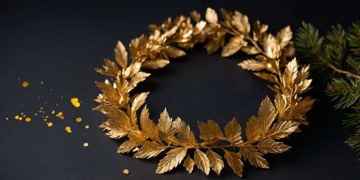A gold leaf wreath is displayed on a black background. photo