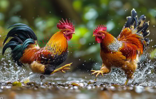 Two roosters are playing in the rain, one of them is red and the other is brown. Cockfighting photo