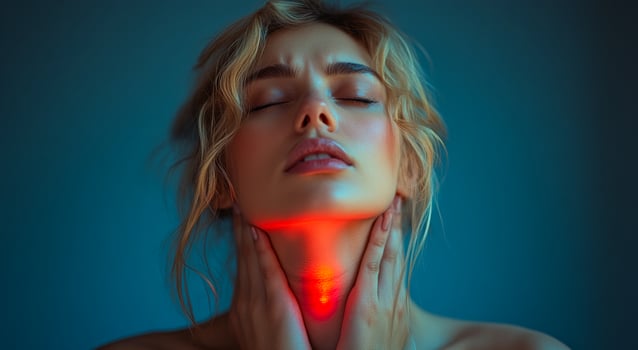 A woman with red hair and a red necktie is holding her neck. The woman suffers from pain photo