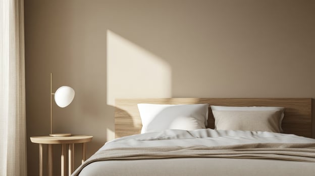 Imagine a serene bedroom that features a beautifully crafted wooden bed, with soothing beige tones and minimalist decor that together create a perfectly calming and inviting atmosphere photo