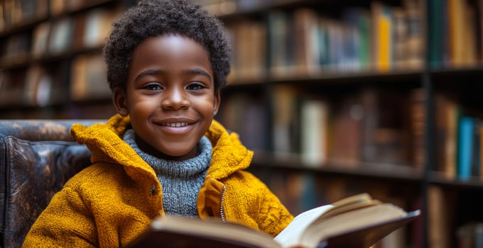 A young black boy is sitting in a library reading a book. He is smiling and he is enjoying himself photo
