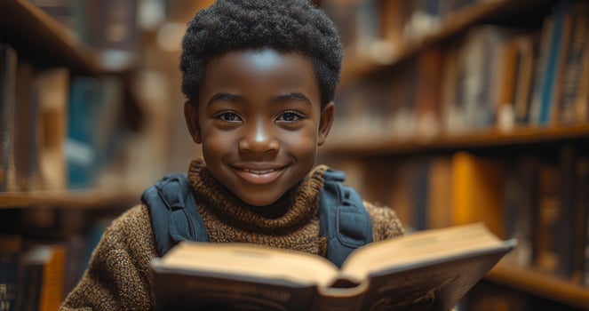 A young black boy is sitting in a library with a book in his hands. He is smiling and looking at the camera photo