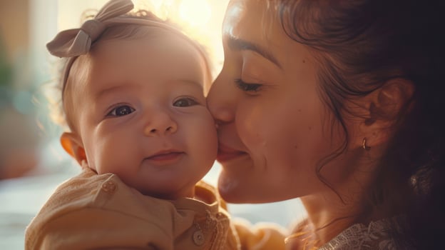 A woman kisses her baby on the cheek photo