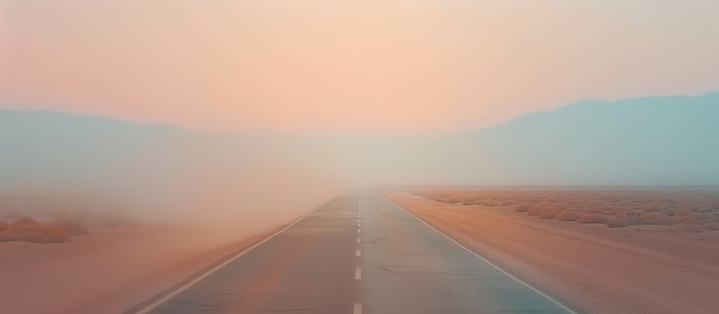 An empty road in the desert with a foggy sky photo