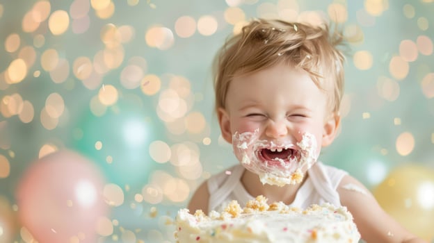 A baby is eating a cake with frosting photo
