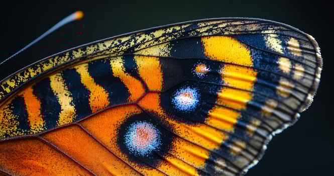 The butterfly's wing is orange and black with a white dot in the center. The wing is also striped photo