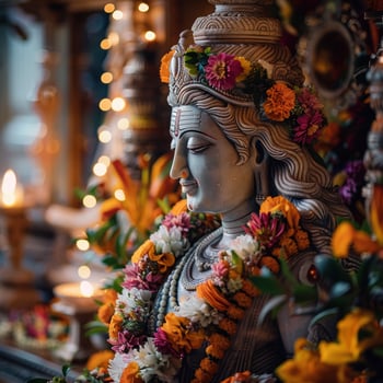 A statue of lord shiva with flowers on his head photo