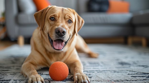 A dog laying on the floor with an orange ball photo