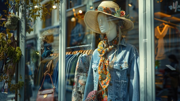 Mannequin wearing a hat and scarf in front of a store window photo