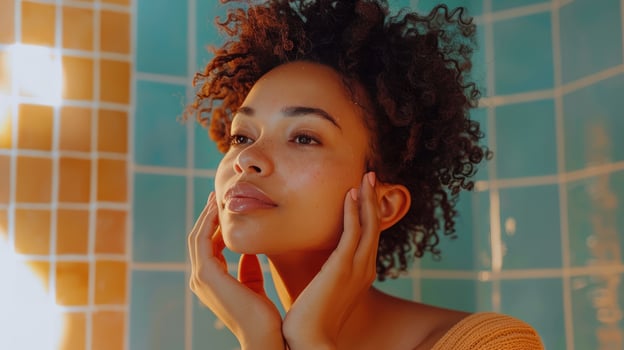 A woman with curly hair is looking at her face photo