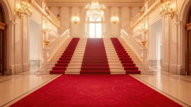 A red carpet is in the middle of a room photo