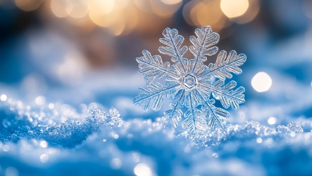 A snowflake is sitting on top of the snow. The snow is white and the sky is blue photo