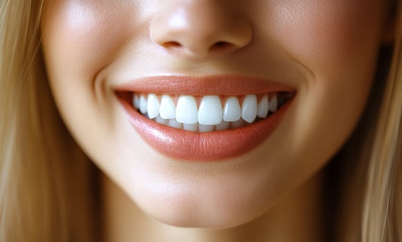 A woman with a bright smile showing her teeth. Concept of happiness and confidence photo