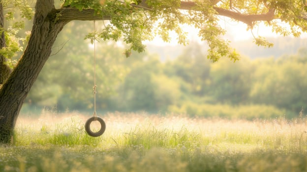 A tire swing hanging from a tree in a field photo