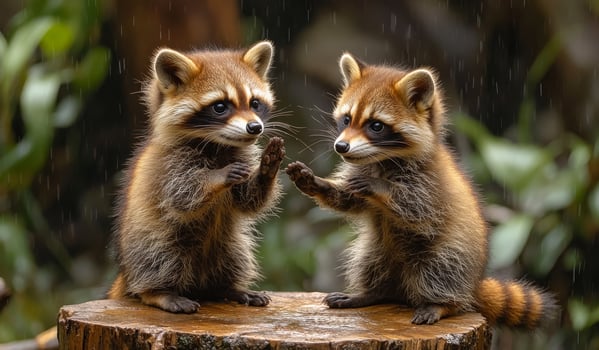 Two baby raccoons are playing together on a log. One of them is holding its paw up in the air photo
