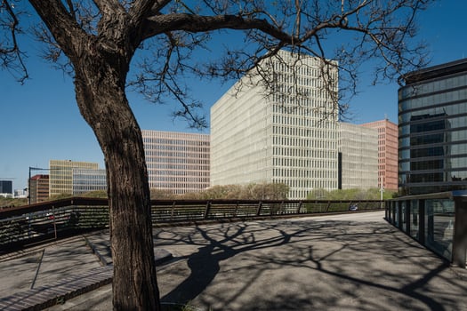 Barcelona, Catalonia, Spain, 2024 - Ciutat de la Justicia, City of Justice, overview from the pedestrian walkway that crosses the main thoroughfare between Hospitalet de Llobregat and Barcelona. photo