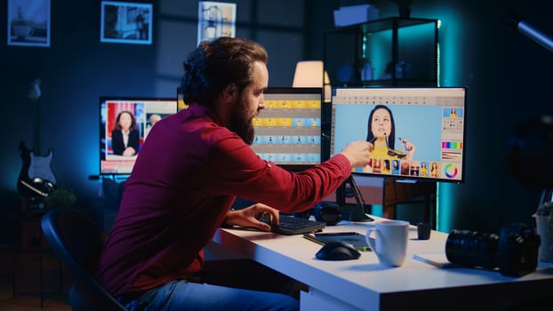 Photographer filming online tutorial for niche audience on how to use photo editing software, teaching how to navigate menus, recording with professional camera in apartment studio