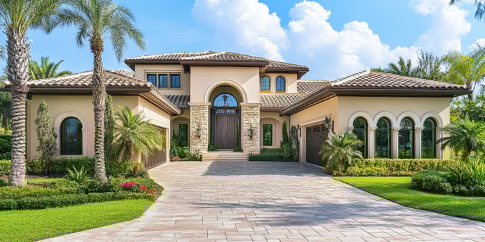 Explore this stunning Miami home that features a charming brick driveway, beautifully landscaped gardens, and tall palm trees, all reflecting the luxurious lifestyle you truly deserve to live photo