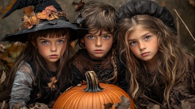 Three young girls are posing for a picture with a pumpkin photo