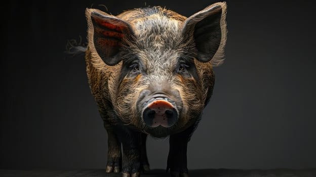 Cute piggy with a vibrant pink coat, standing on all fours and looking to the side. photo
