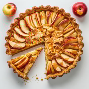 a pie with apples and a slice missing photo