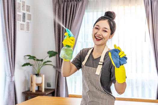 Happy young housewife mistress female in yellow protective rubber gloves with spray and rag,cleaning house, enjoying housework, Asian maid committed to maintaining the highest standards of cleanliness photo