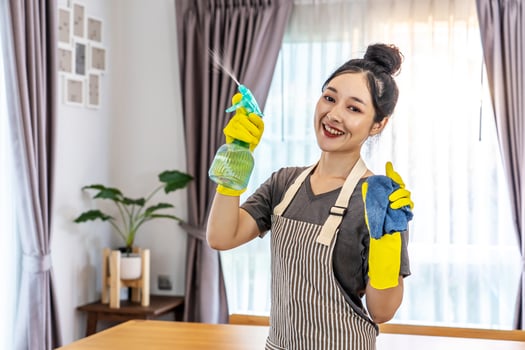 Happy young housewife mistress female in yellow protective rubber gloves with spray and rag,cleaning house, enjoying housework, Asian maid committed to maintaining the highest standards of cleanliness photo