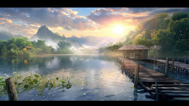 Peaceful Sunset Landscape with Wooden Pier and Cabin photo