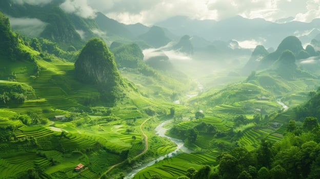 Rice Terraces and Winding River in a Misty Mountain Valley photo
