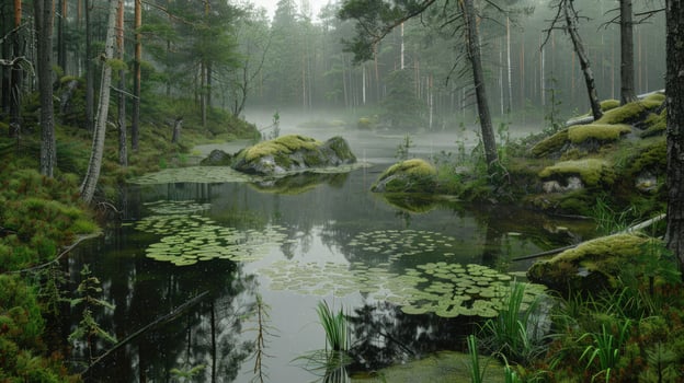 Misty Forest Lake with Lily Pads photo