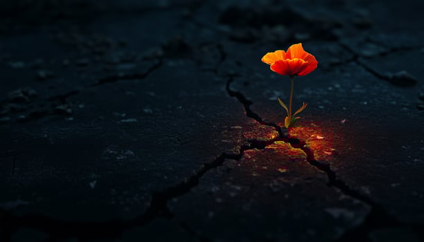 Focused on red flower sprout on darkness soil crack climate weather dramatic effect photo