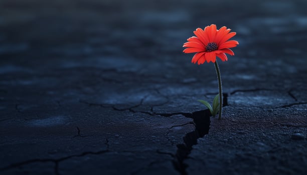 Focused on red flower sprout on darkness soil crack climate weather dramatic effect photo