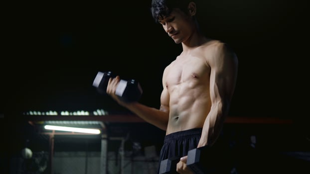 Dumbbell exercise, weight lifting and muscle building, healthy activities photo