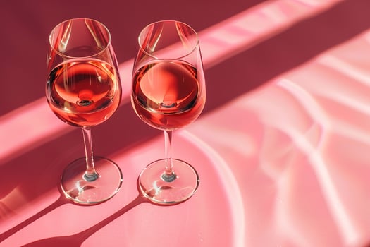 Two wine glasses filled with red wine on a pink background with bright sunlight photo