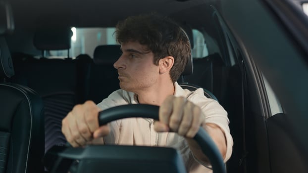 Frustrated stressed worried irritated angry Caucasian driver worry about traffic jam lateness business failure relationship breakup auto broken lost man problem sit in car automobile driving trouble photo
