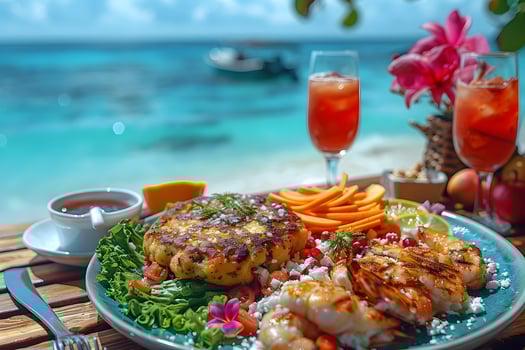 Tropical Beachside Seafood Feast with Grilled Shrimp and Potato Pancakes - Perfect for Summer Vacation Dining and Print Design photo