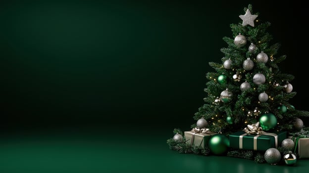 Elegant Christmas tree with silver and green ornaments, gifts wrapped in green and gold, set against a dark green background. photo