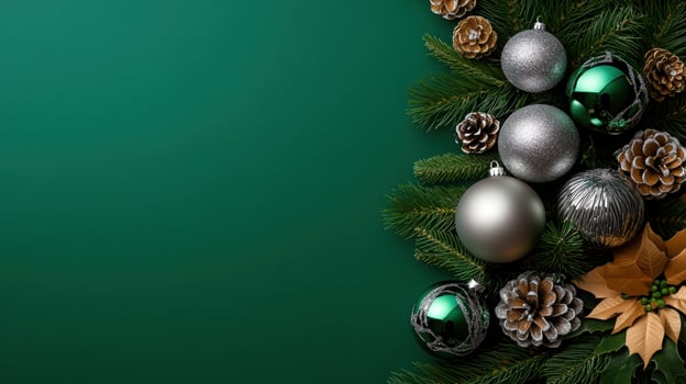 Christmas ornaments in silver and green with frosted pinecones and holiday greenery arranged on a rich green background. photo