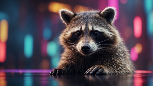 Futuristic Cybernetic Raccoon in Neon Cyberspace. photo