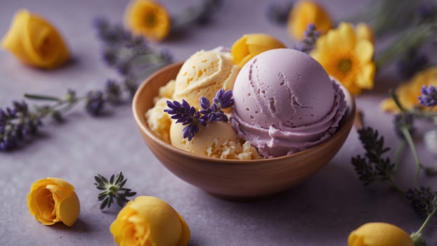 Lavender Honey Ice Cream with Floral Garnish. photo
